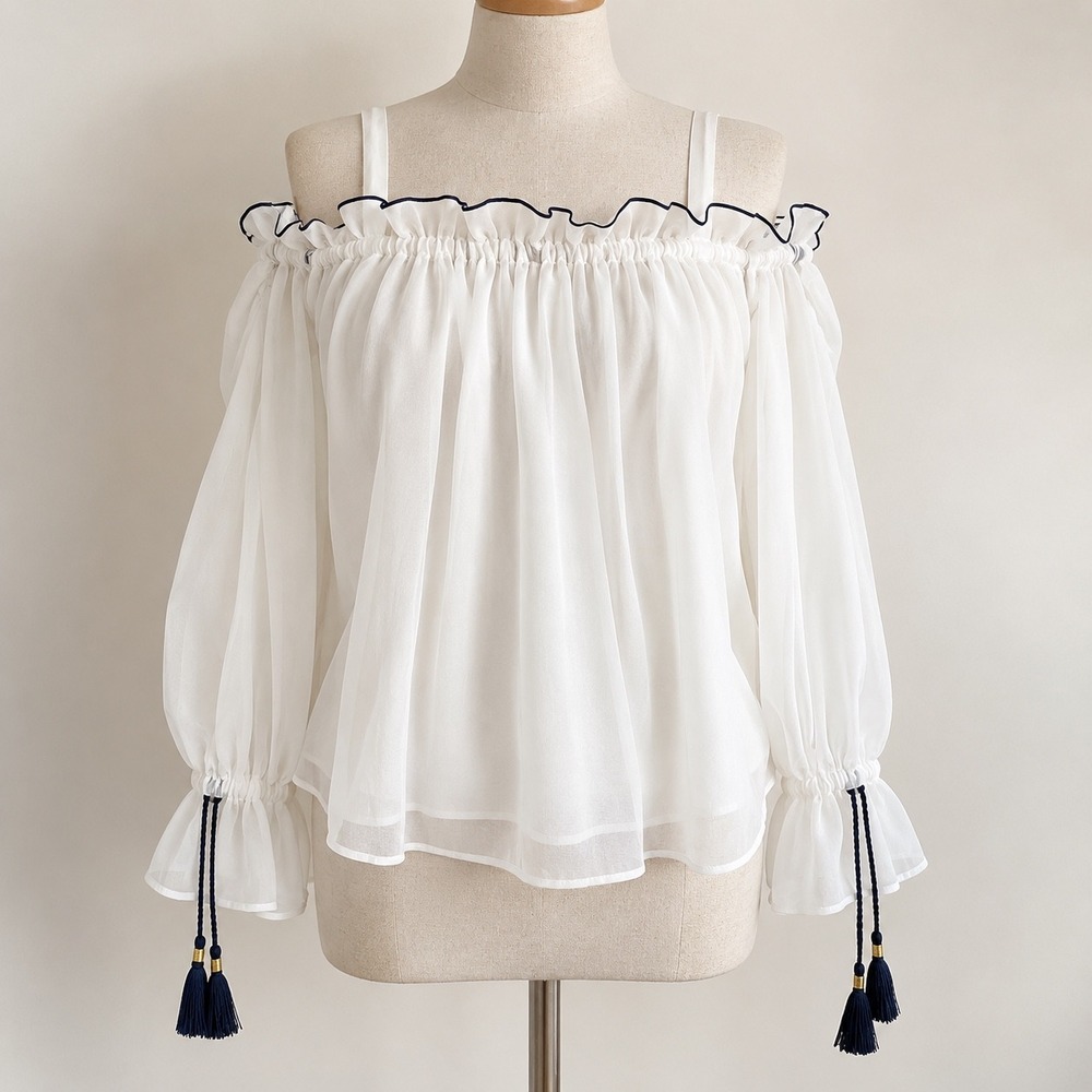 Ryegrass Pale Ecru Off Shoulder Tassel Blouse Navy Trim Medium 862-0539 NEW